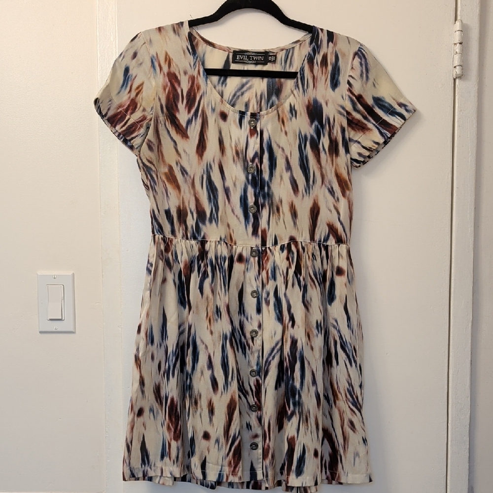 Evil Twin Mini Babydoll Dress White with Watercolor Brushstroke Print Size XS